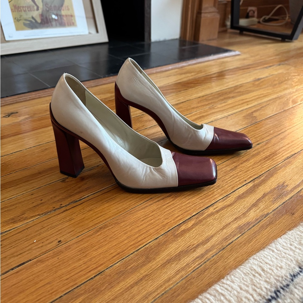 Elegant Two-Tone Prada Block Heel Pumps